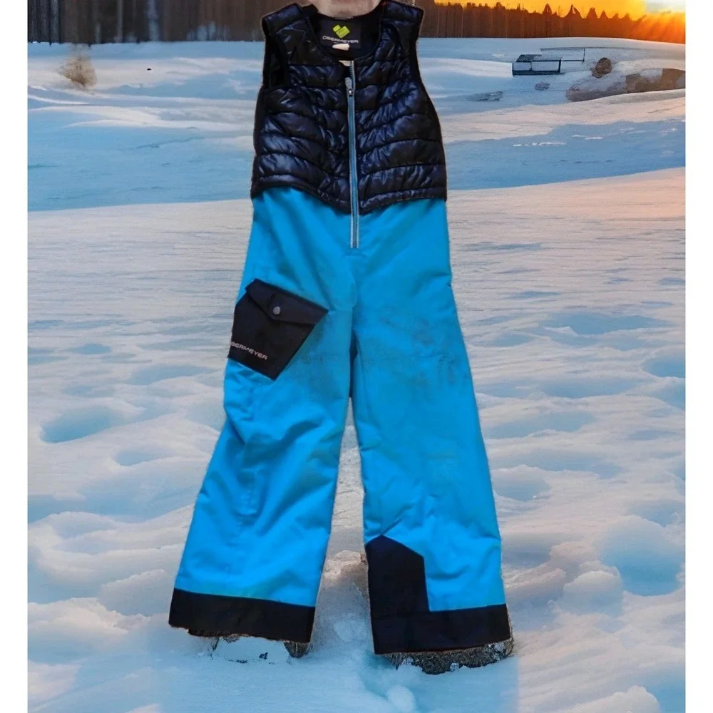 Obermeyer Snow Bibs Girls Size 7 Blue Black Good Quilted Vest‎ Hybrid Ski Pants